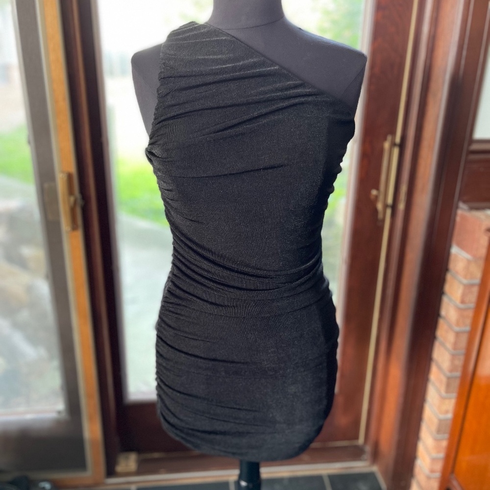 Black one shoulder rouched dress
